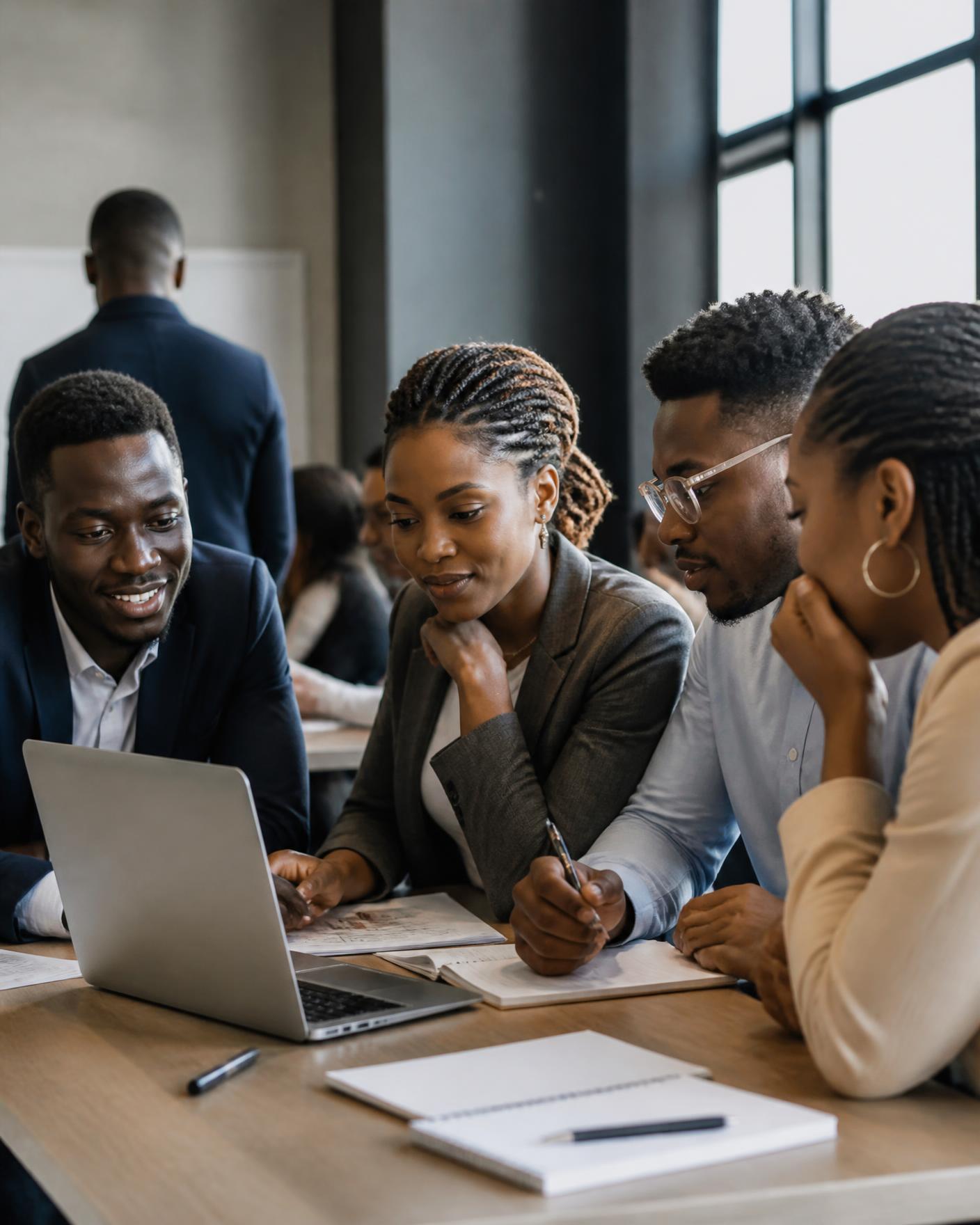 Young African professionals collaborating around a laptop during a training session