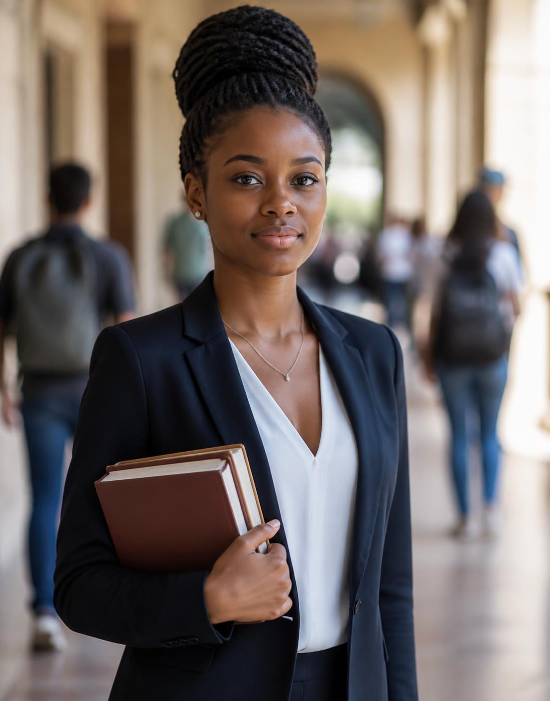 A confident young African graduate holding books in a sunlit university corridor